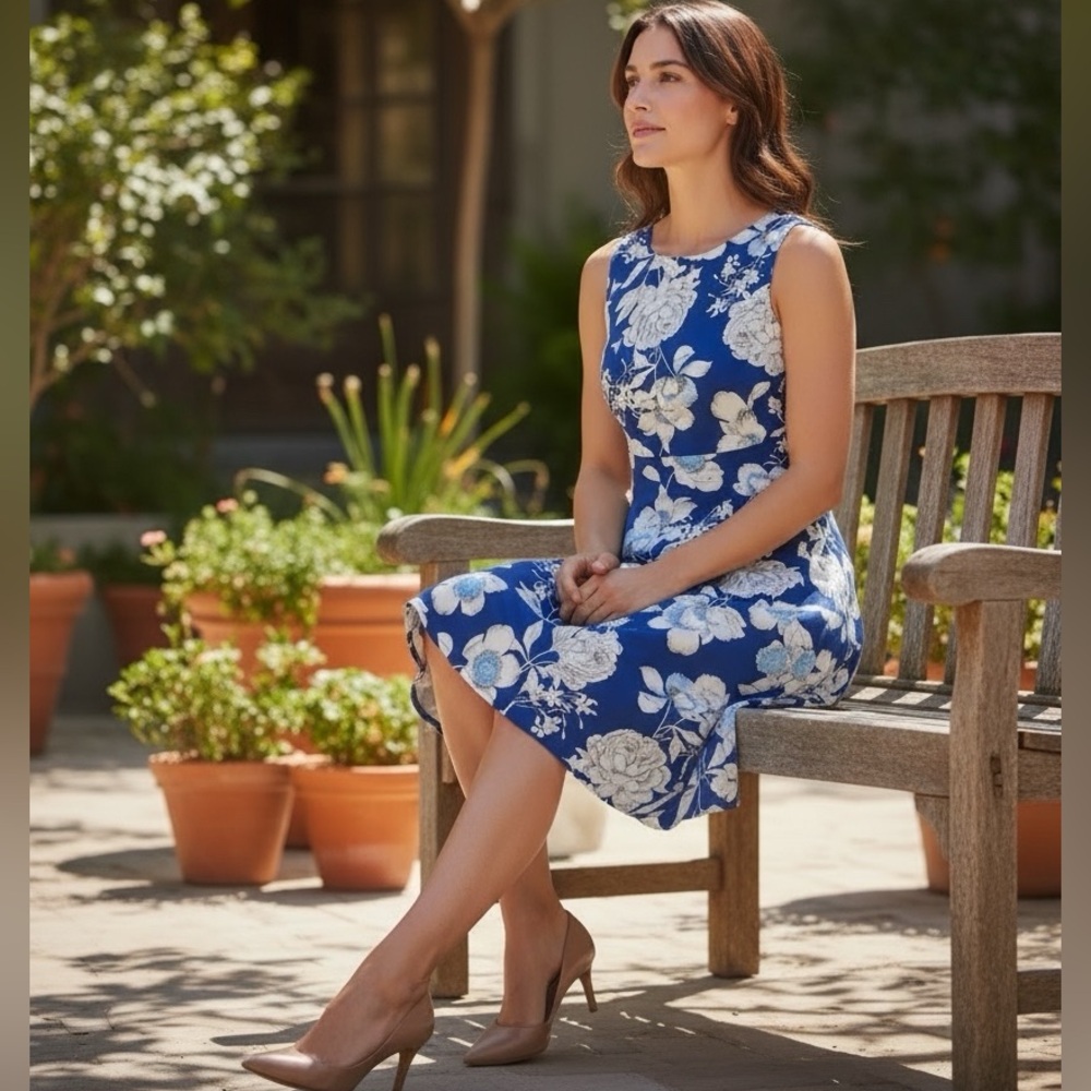 Acevog XL Blue and White Floral Womens Dress High Front Slit - Picture 1 of 7